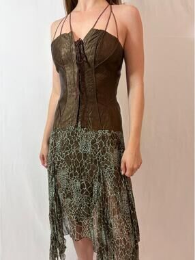 Brown Corset and Snakeskin Print Vintage Helena Sorel Midi Dress